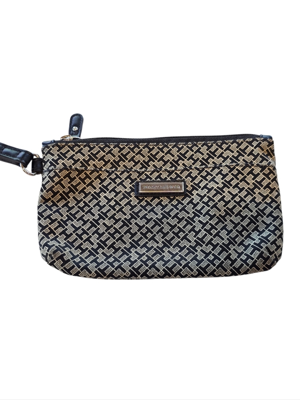 Tommy Hilfiger Black Tan Canvad Zip Wristlet Pouch